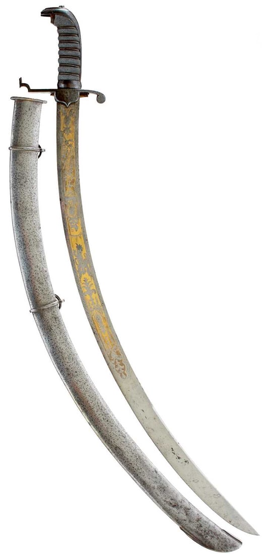 A GEORGIAN OFFICER'S SABRE OR SWORD,: 68.5cm sharply curved frost etched and gilt blade decorated with classical imagery, the figure of Victory, the figure of Britannia, crowned GR cypher, crowned Royal arms and WARRANTED, steel stirrup h