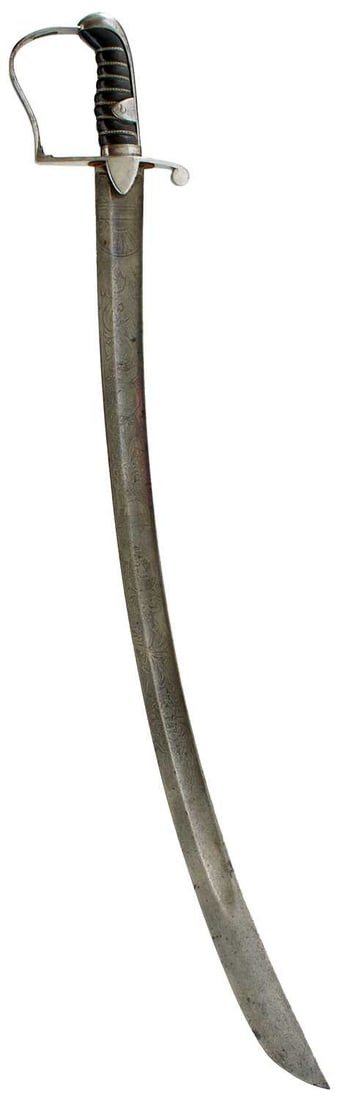 A 1796 PATTERN YEOMANRY CAVALRY OFFICER'S SWORD,: 81cm curved blade etched with scrolling foliage, flowers of the Union, stands of arms, a mounted cavalry officer and crowned Royal arms, regulation steel stirrup hilt, silver wire bound leather grip.