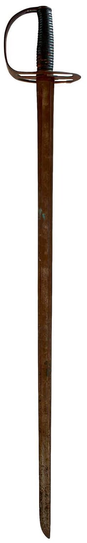 AN 18TH CENTURY SLOTTED HILT CAVALRY SWORD,: 89.75cm fullered double fullered blade, characteristic slotted hilt with D-shaped knuckle guard, ribbed leather covered grip. Typical of the sort of sword carried by American forces during the America