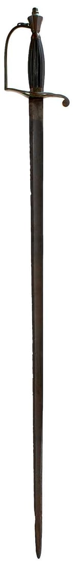 A GEORGIAN OFFICER'S SPADROON OR SWORD,: 81cm fullered blade, characteristic brass hilt with D-shaped knuckle bow, looping side guard with pierced diamond-shaped insert, urn-form pommel, reeded wooden grip. Blade patinated.