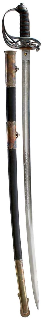 A GOOD VICTORIAN RIFLE VOLUNTEERS OFFICER'S PRESENTATION SWORD,: 82cm slightly curved clean blade etched with crossed lances, laurel wreaths, crowned strung bugle horn, crowned RIFLE VOLUNTEERS and the inscription PRESENTED BY E COMPANY TO COL-SGT. G. BAKER ON