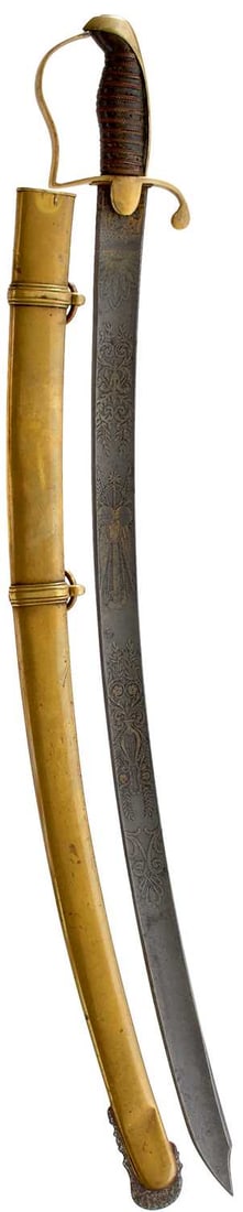 A 19TH CENTURY CONTINENTAL DAMASCUS BLADED SABRE,: 60cm curved blade etched with scrolling foliage, stands of arms and maker named Hanquet Hine, Liege, brass stirrup hilt, wire bound leather grip, in its brass scabbard.