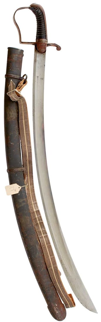 A RARE 1796 PATTERN CAVALRY OFFICER'S SABRE TO THE MADRAS LANCERS,: 83.5 curved fullered plain blade stamped WOOLLEY & CO. on the back edge, regulation steel stirrup hilt with silver wire bound leather grip, in its black painted steel scabbard with split rings, co