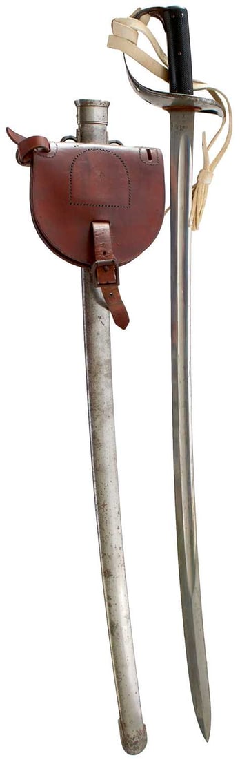 AN 1885 PATTERN CAVALRY TROOPER'S SWORD TO THE 7TH DRAGOON GUARDS,: 87cm curved fullered blade by Robson & Sons and with various Ordnance stamps and dates at the forte, regulation steel bowl guard pierced with a Maltese cross and marked 7 DG for the 7th Dragoon