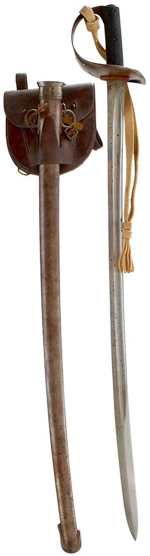 AN 1890 PATTERN CAVALRY TROOPER'S SWORD,: 87.5cm curved fullered blade with various Ordnance stamps and dates at the forte, regulation steel bowl guard pierced with a Maltese cross, two-piece riveted chequered leather grips, in its steel scab