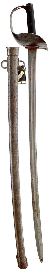 AN 1899 PATTERN CAVALRY TROOPER'S SWORD TO THE 18TH HUSSARS,: 85cm curved fullered blade with multiple Ordnance stamps and dates at the forte, regulation steel bowl guard marked 18H over 303, for the 18th Hussars, two-piece riveted chequered leather grips, in