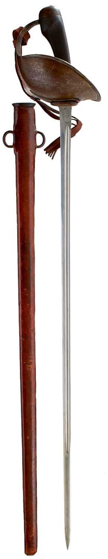 A SCARCE 1908 PATTERN CAVALRY TROOPER'S SWORD ENSEMBLE,: 88.5cm fullered blade by Wilkinson, with various Ordnance stamps and dated January 1912 at the forte, regulation steel bowl guard, WD stamped to the underside, chequered ergonomic grip, in its