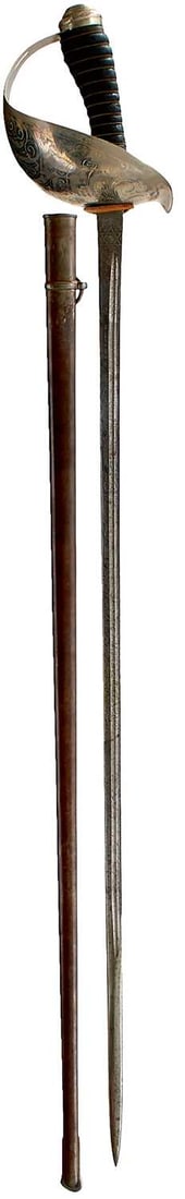 A 1912 PATTERN CAVALRY OFFICER'S SWORD TO THE ROYAL FIELD ARTILLERY,: 88.5cm fullered blade by Fenton Brothers, etched with scrolling foliage, and crowned Royal arms and GVR cyphers, presentation panel PRSENTED TO 2ND LIEUT. C.F.D. GREEN RFA JULY 1915 BY THE OFFICERS NC