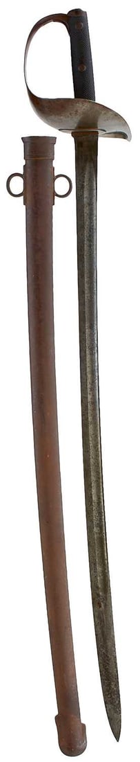 AN 1899 PATTERN CAVALRY TROOPER'S SWORD,: 85cm slightly curved fullered blade by Wilkinson and bearing various Ordnance and date stamps at the forte, regulation steel half bowl hilt with chequered two-piece leather grips, in its steel scabbar