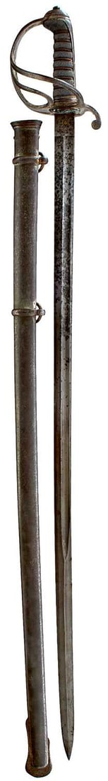 A SCARCE ARTILLERY OFFICER'S SWORD TO THE SHEFFIELD ARTILLERY VOLUNTEERS,: 90cm fullered blade etched with scrolling foliage, SHEFFIELD ARTILLERY VOLUNTEERS, SECT. MAJOR FRANLINN 5 BATY, regulation three-bar steel hilt, wire bound fishskin grip, in its steel scabbard.