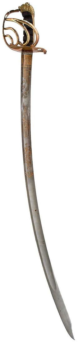 AN ITALIAN BERSAGLIERI OFFICER'S SABRE,: 86cm sharply curved damascus blade decorated with scrolling foliage and stands of arms and makers name Henckels of Solingen, all highlighted in gilt, copper gilt five-bar hilt, associated backstrap