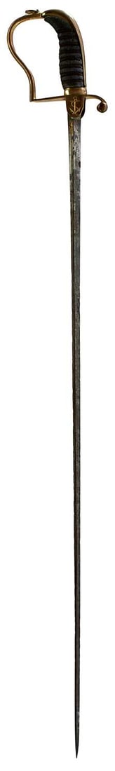 AN 1805 PATTERN ROYAL NAVAL MIDSHIPMAN'S SWORD,: 74cm triangular section blade decorated with scrolling foliage and a stand of arms, traces of blueing and gilt at the forte, regulation gilt brass stirrup hilt, the langets engraved with fouled anchor