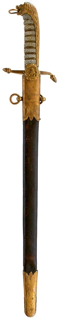 AN 1879 PATTERN BRITISH NAVAL DIRK,: 45.4cm blade by Walton of Gosport, etched with scrolling foliage, crowned VR cypher and crowned fouled anchor, regulation gilt brass hilt with lion's head pommel and wire bound fishskin grip, in its p