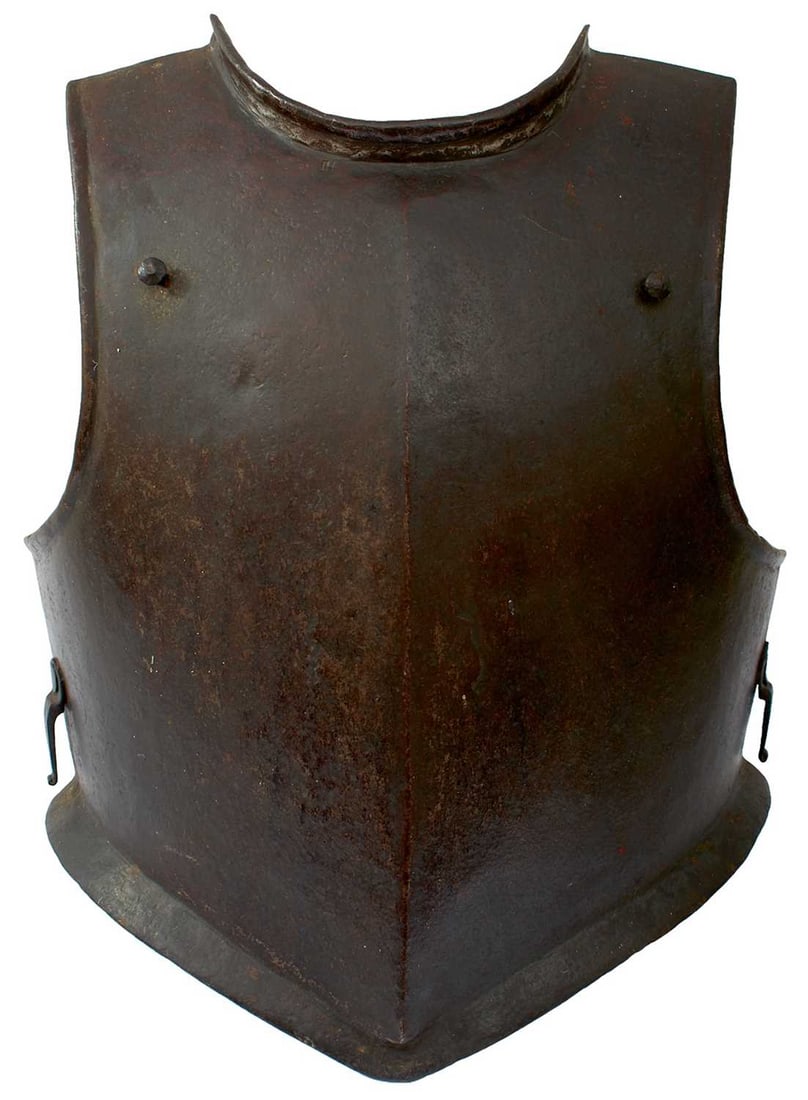 A 17TH CENTURY ENGLISH CIVIL WAR PERIOD BREAST PLATE, (1 of 15)