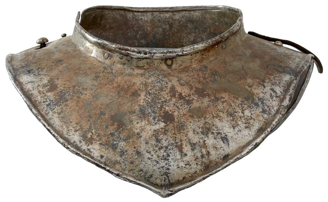 A 17TH CENTURY ENGLISH CIVIL WAR PERIOD GORGET ENSEMBLE,: the front of single-piece construction drawing down to a point and with turned outer rim and inner neck rim, the back probably later but a matching fit.