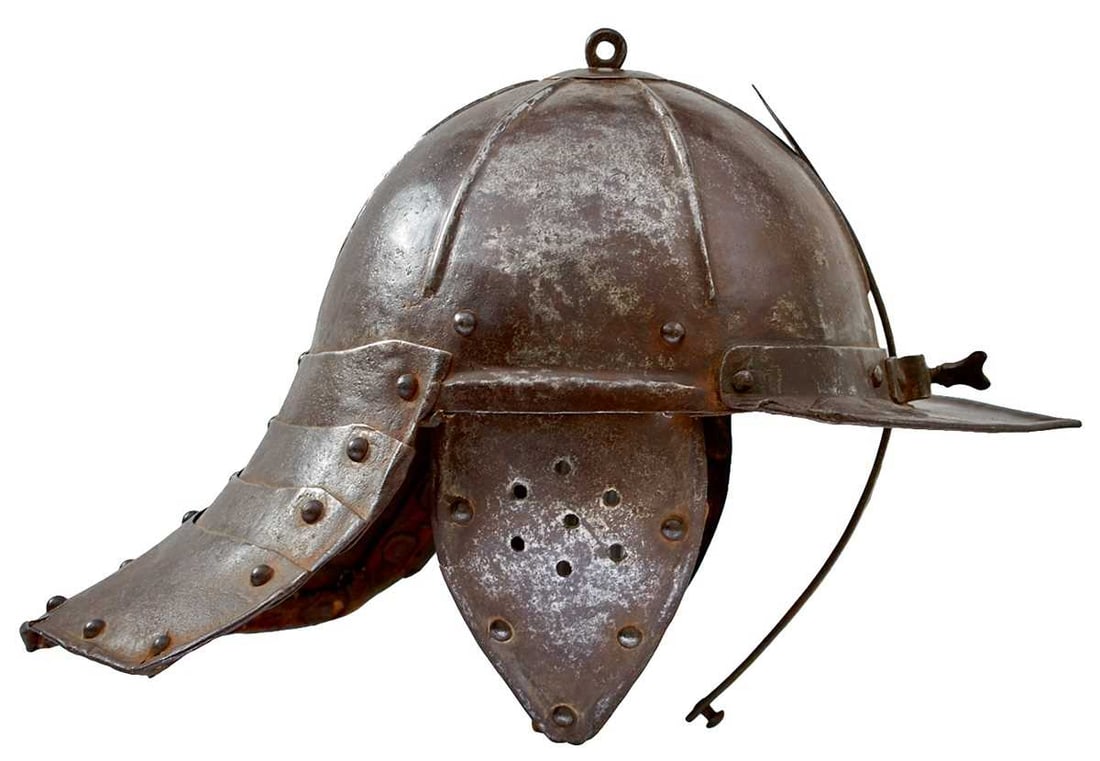 A GOOD 17TH CENTURY ENGLISH CIVIL WAR PERIOD LOBSTER-TAILED HELMET, (1 of 10)