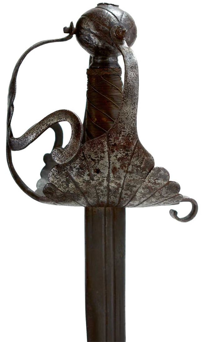A 17TH CENTURY ENGLISH CIVIL WAR PERIOD PROTO MORTUARY SWORD,: 82.25cm triple fullered back sword blade struck with a maker's mark flanked by crescent and star forms, characteristic hilt with D-shaped knuckle bow with central foliate panel, opposing upturned shel