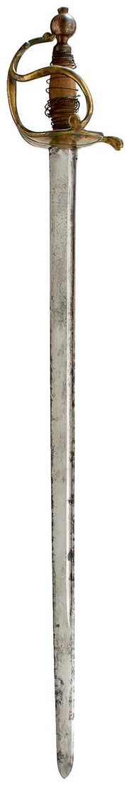 AN 18TH CENTURY BRITISH CAVALRY TROOPER'S BROADSWORD,: c.1740, 74cm fullered blade retaining much original polish, some areas of minor pitting, struck with a rare Ordnance arrow mark at the forte, characteristic brass hilt with heart-shaped guard, D-shape
