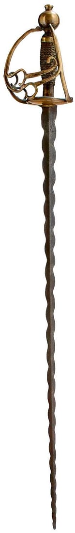 AN 18TH CENTURY BRITISH CAVALRY OFFICER'S SWORD,: circa 1740. 76cm wavy family blade circa .1660, lightly pitted, characteristic brass multi-bar hilt shell guard, D-shaped knuckle bow with double S rings to either side, brass wire bound grip.