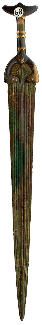 A REMOUNTED LURISTAN BRONZE SHORT SWORD,: 56cm multi-fullered bronze blade mounted in a modern carved and shaped horn hilt with T-section eared pommel with brass mounts.