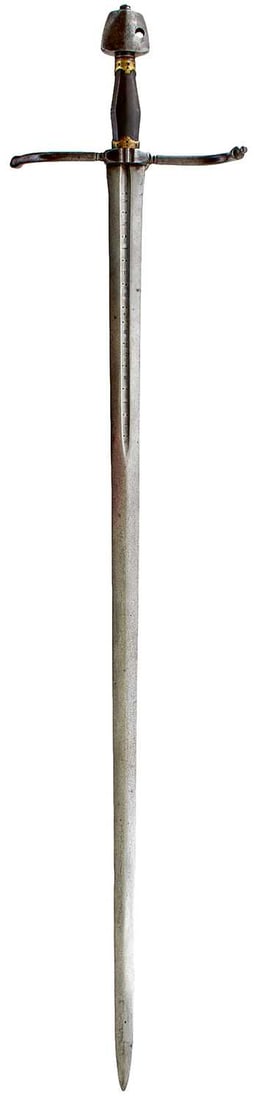 A NORTH EUROPEAN ROBE SWORD IN THE LATE 14TH CENTURY STYLE,: 86.75cm blade stamped INRI MARIA and ANIES MURIO in the short central fullers on either side, characteristic crossguard composed from recurving rounded bars with ball finials, flattened trapezoidal