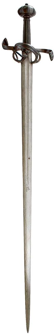 A SAXON SWORD-RAPIER IN THE 17TH CENTURY MANNER,: 96cm fullered blade incised with a running wolf emblem on either side, characteristic hilt comprising a swept lower guard composed of rounded bars, recurving swept flared quillons, large reeded bun-sh
