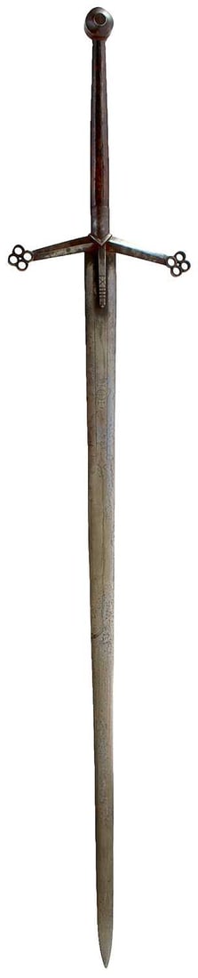 A SCOTTISH CLAYMORE OR SWORD IN THE 16TH CENTURY STYLE,: 103.5cm broad blade incised with a linear panel with incised central orb and cross formation to one side and a running wolf on the other, characteristic hilt with downturned tapering square section