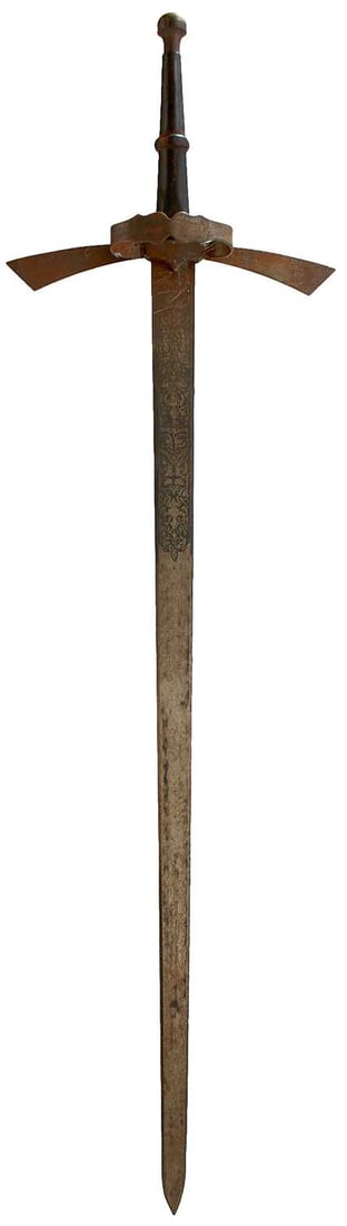 A REPLICA KNIGHTLY SWORD,: 108cm blade etched with panels of scrolling foliage on either side, characteristic hilt with turned wooden grip.