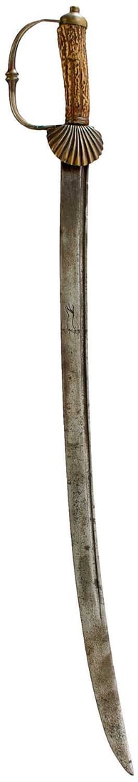 AN 18TH CENTURY HUNTING HANGER,: 62.5cm curved fullered blade incised with the running wolf emblem to either side, characteristic brass hilt with down turned shell guard and D-shaped knuckle bow, natural stag's horn grip. Quillon
