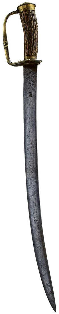 AN 18TH CENTURY NAVAL HANGER,: 51.5cm curved blade stamped with a King's head to either side, characteristic hilt, the shell guard decorated with a winged cupid head, D-shaped knuckle guard and stepped pommel decorated with