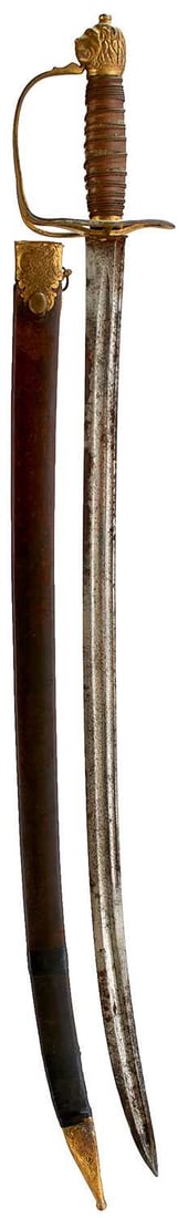 A GEORGIAN OFFICER'S HANGER,: 68cm double fullered curved blade, double edged towards the tip, characteristic slotted gilt brass hilt with D-shaped knuckle guard, bold lion's head pommel, silver loose copper wire and tape bound wo