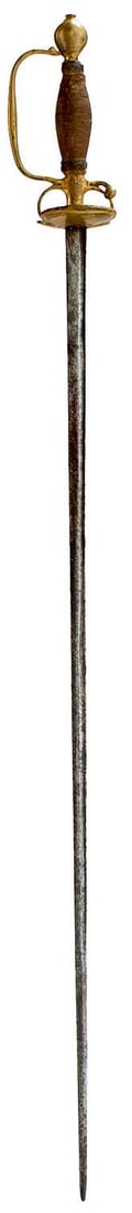 AN ENGLISH SMALLSWORD FOR A BOY,: c.1700, 65cm fullered blade, characteristic gilt hilt with upturned shell guard, D-shaped knuckle bow, spherical pommel, copper wire bound grip with turk's heads.