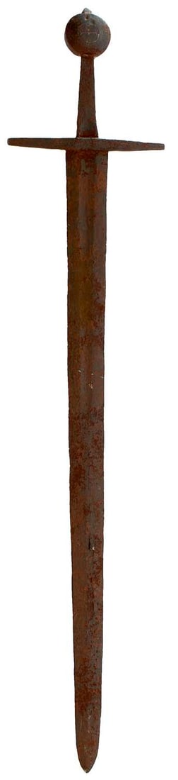 A MEDIEVAL SWORD,: 78.5cm fullered broadsword blade incised with an orb and cross motif to one side, tapering square section crossguard, wheel-form pommel with slightly raised centre inlaid with a cross within a circle