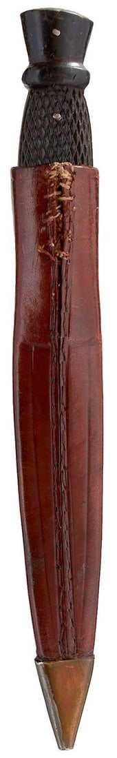 A LATE 19TH/EARLY 20TH CENTURY SMALL SCOTTISH BELT KNIFE,: 12.5cm blade with clipped back point stamped INTRINSIC, JOHN MILNER SHEFFIELD, diamond carved stylized thistle wooden grip, brass mounted leather sheath.