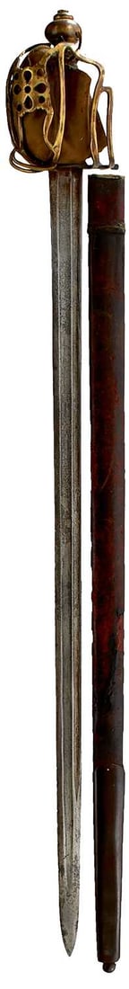 AN 18TH CENTURY SCOTTISH BASKET HILTED BACKSWORD,: 82.25cm double fullered blade, etched with scrolling foliage, a stand of arms, an officer on horseback and a crowned GR cypher, characteristic brass hilt composed of flattened rounded bars united by c