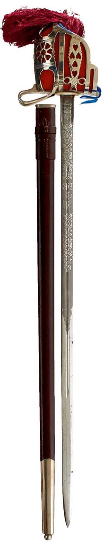 AN EIIR SCOTTISH OFFICER'S BASKET HILTED BROADSWORD TO THE KING'S SCOTTISH BORDERERS,: 82cm fullered blade by Wilkinson, serial no. 111610, etched with scrolling thistles, regimental badge, EIIR cypher and maker's panel, regulation plated hilt composed of flattened bars united by heart-