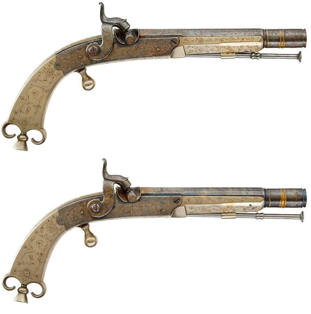 A PAIR OF 50-BORE GERMAN SILVER SCOTTISH PERCUSSION BELT PISTOLS, (1 of 20)