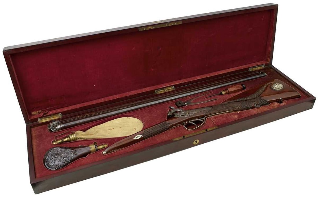 A FINE CASED DOUBLE BARRELLED 20-BORE PERCUSSION SPORTING GUN BY LOUIS MALHERBE OF LIEGE, (1 of 20)