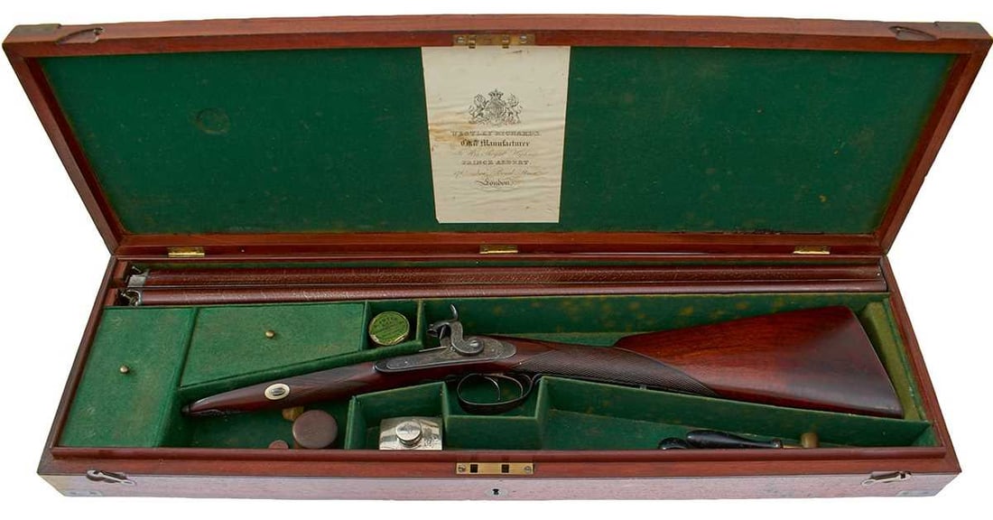 A CASED 14-BORE DOUBLE BARRELLED PERCUSSION SPORTING GUN BY WESTLEY RICHARDS, (1 of 18)