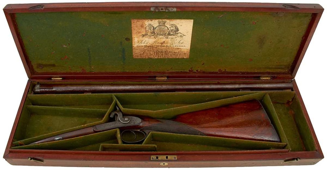 A CASED 13-BORE DOUBLE BARRELLED PERCUSSION SPORTING GUN BY JOHN MANTON & SON,: 30inch sighted damascus barrels engraved in script John Manton & Son Dover Street London, serial no. 11305 to the underside of the breeches, border and scroll engraved barrel tang, border and scro