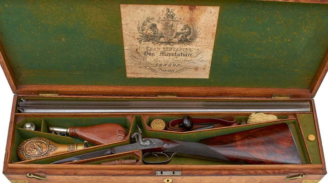 A CASED 14-BORE DOUBLE BARRELLED PERCUSSION SPORTING GUN BY CHARLES LANCASTER, (1 of 20)