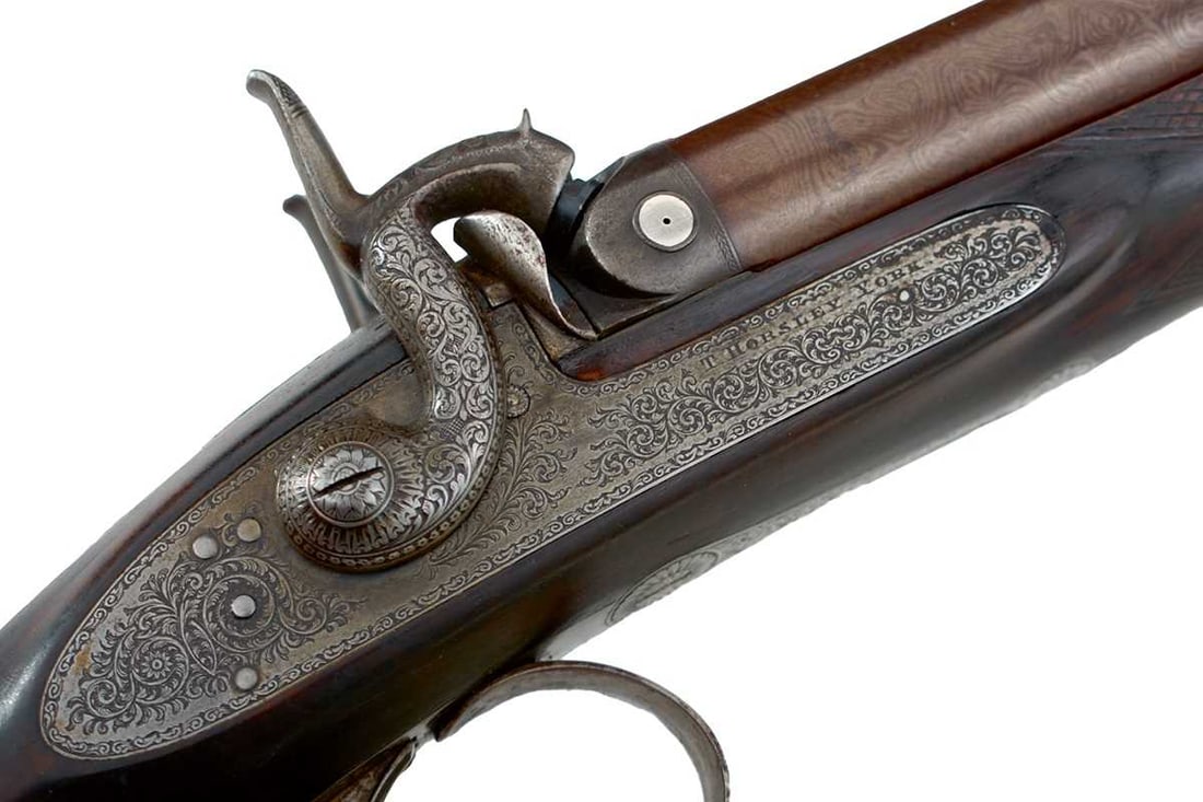 A CASED DOUBLE BARRELLED 14-BORE PERCUSSION SPORTING GUN BY THOMAS HORSLEY OF YORK, (1 of 20)
