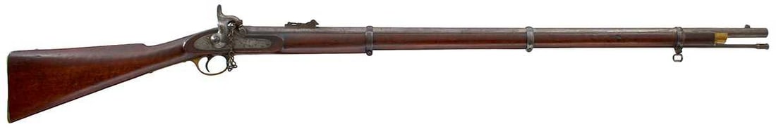 A .577 CALIBRE PATTERN 1853 THREE-BAND ENFIELD SERVICE RIFLE,: 39inch sighted barrel fitted with ramp and ladder rear sights, the lock stamped 1860 over ENFIELD and with a crown over VR at the tail, full stocked with regulation brass mounts, steel ramrod, complet