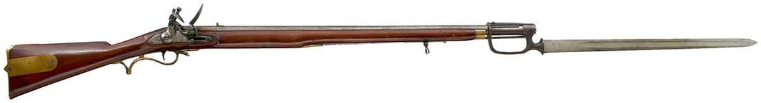 A VERY RARE .750 CALIBRE FLINTLOCK SHORT LIGHT MUSKET WITH OFFSET RAMMER AND SWORD-SOCKET BAYONET , (1 of 13)