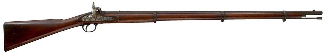 A .577 CALIBRE PATTERN 1853 PERCUSSION ENFIELD SERVICE RIFLE,: 39inch sighted barrel, converted from ramp and ladder to fixed sights, border engraved lock stamped 1860 over TOWER and with a crown over VR at the tail, full stocked with regulation brass and steel m