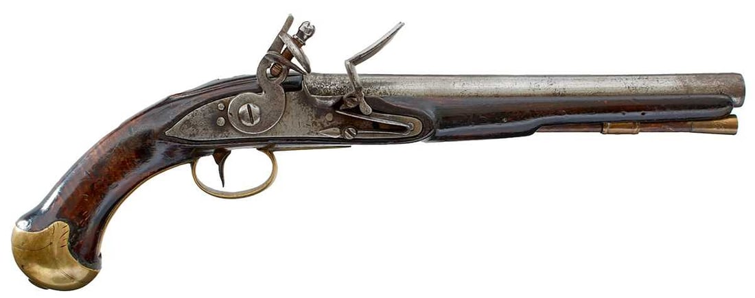 A RARE .650 CALIBRE EAST INDIA COMPANY FLINTLOCK MAJOR GREEN?S ALTERED CAVALRY PISTOL, BENGAL c1778.: 9.5inch (cut down from 12in), London proofs and trace of maker?s mark, flat lockplate engraved faintly at tail with 171_ over EICo heart mark, below pan with ?WILSON? and ?crown over W? EICo inspectio