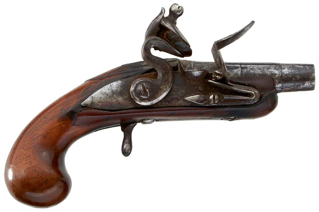 AN 80-BORE FLINTLOCK TOBY PISTOL, (1 of 12)