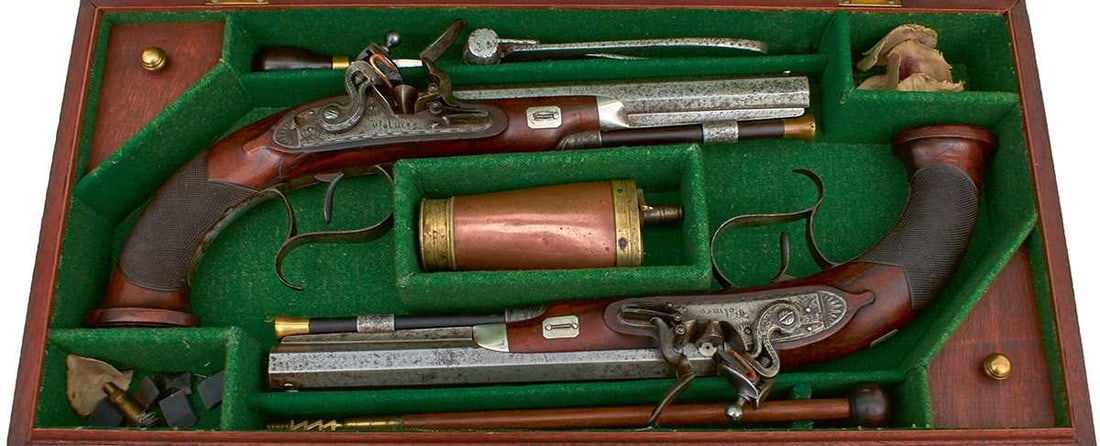 A CASED PAIR OF 20-BORE FLINTLOCK DUELLING PISTOLS BY HOLMES OF LIVERPOOL, (1 of 20)