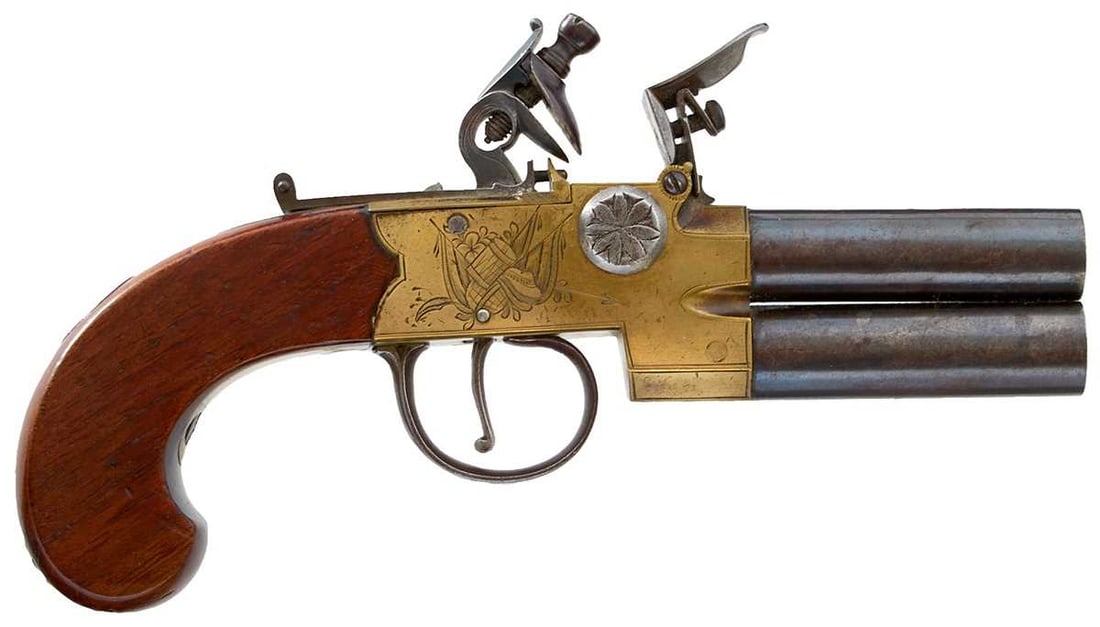 A CRISP 54-BORE FLINTLOCK BOXLOCK OVER AND UNDER POCKET PISTOL BY HAMPSON & THELWELL, (1 of 14)