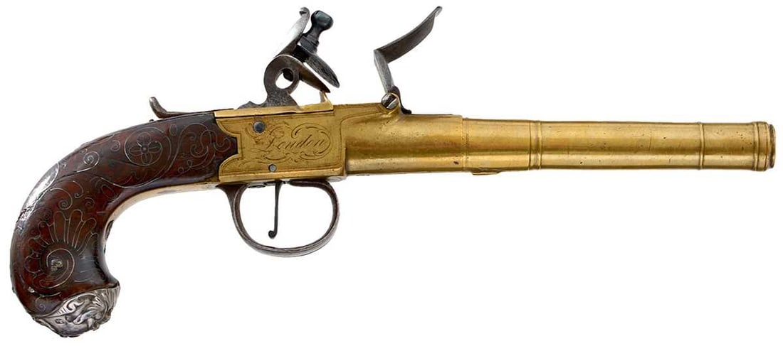 A 56-BORE BRASS FLINTLOCK BOXLOCK POCKET PISTOL BY ARCHER, (1 of 14)